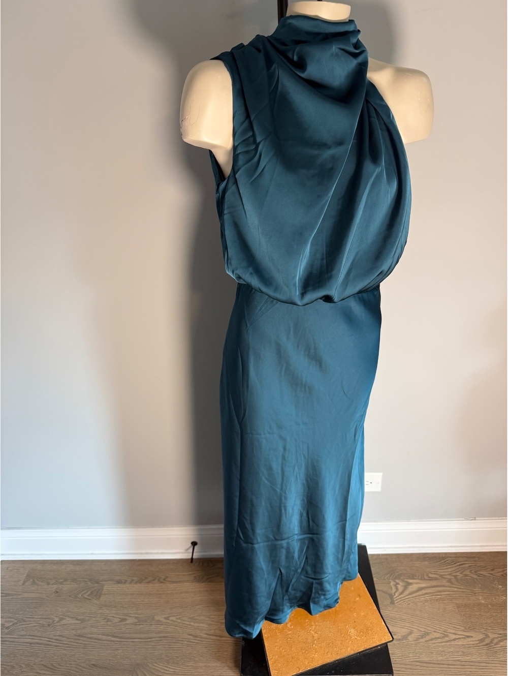 Elegant Teal Satin Sleeveless Midi Dress with Draped Neckline